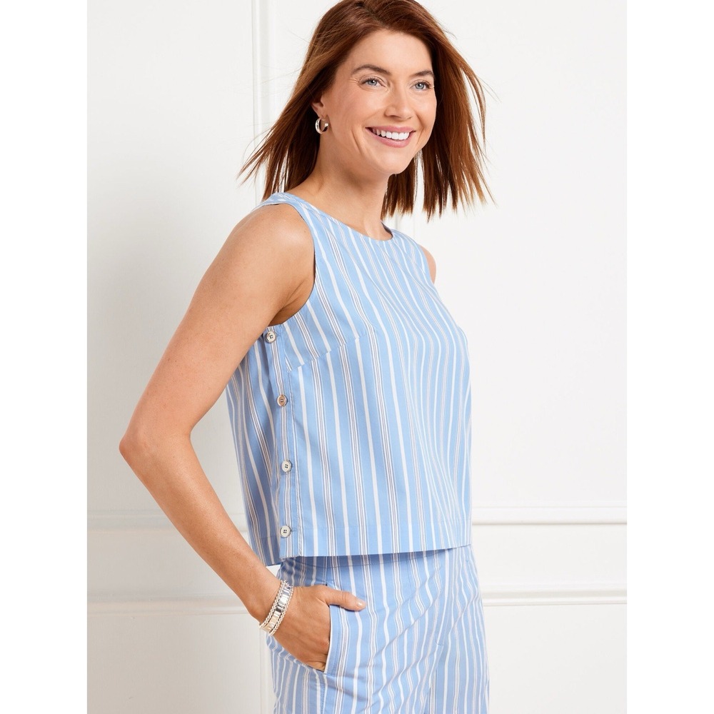 Talbots Side Button Poplin Shell Tank Top Plus Size 3X Dewdrop Stripe Blue Fresh